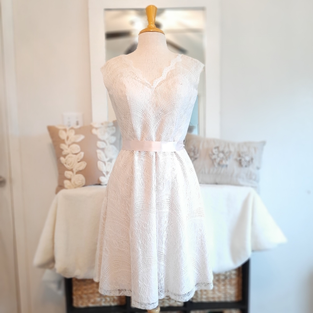 Ashley & Justin Bridesmaid Lace Tea Length Dress